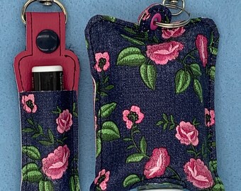 Custom Made Lip Balm /& Hand Sanitizer Holders Denim Look Pink Roses