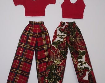 Handmade Christmas Pyjama Outfit for 11.5 Inch Fashion Doll, Elasticated Pants with Top, Complete Outfit Detailed Clothes Couture Gift Set