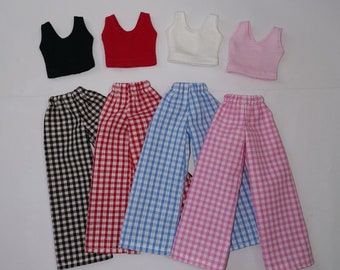 Handmade Gingham Pyjama Outfit for 11.5 Inch Fashion Doll, Elasticated Pant with Top, Complete Outfit, Pink, Blue, Red and Black, Gift Set