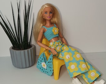 Handmade Outfit for 11.5 inch Fashion Doll, Elasticated Pants with Crochet Top and Bag, Detailed Handmade Clothes Couture Gift