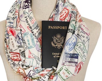 Reise-Infinity-Schal mit versteckter Reißverschlusstasche, Schal mit Passstempel, Weltreise-Geschenk, Reisegeschenk, Passhüllen-Schal, Geschenk für Reisende