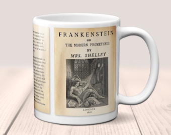 Frankenstein by Mary Shelley Mug. Coffee Mug with Frankenstein book Title and Book Pages, Bookish Gift,  Literature Mug, Book Lover Mug.