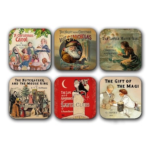 6 coasters with Christmas stories. A Christmas Carol, The Night before Christmas, The Little Match Girl, The Nutcracker, The Gift of Magi