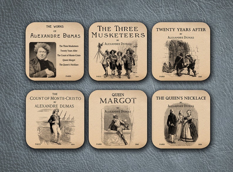 The Three Musketeers Twenty Years After,The Count of Monte Cristo,Queen Margot,The Queen/'s Necklace 6 coasters with Alexandre Dumas novels