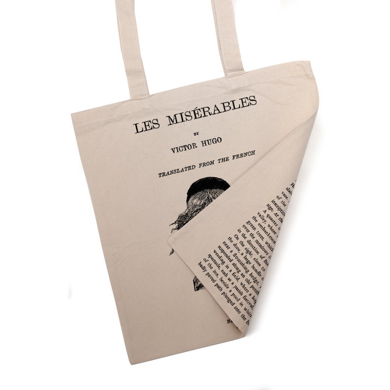 Les Misérables by Victor Hugo tote bag. Handbag with Les Miserables book design. Book Bag. Library bag. Market bag Both Pages