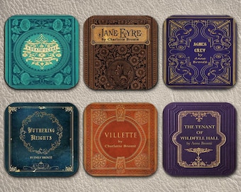 6 coasters with Complete Novels by Bronte Sisters. Six Coffee Mug Coasters with Complete Novels by Bronte Sisters book designs.