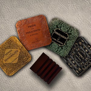 4 coasters with Most Popular Novels by Jane Austen. Pride and Prejudice, Emma, Sense and Sensibility and Persuasion. 4 Coasters with stand.