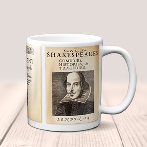 William Shakespeare Mug. Coffee Mug with two Shakespeare&#39;s plays - Hamlet  and Romeo & Juliet.