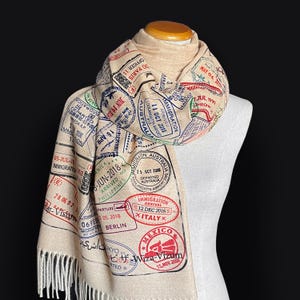 Traveler Passport Stamps Scarf Shawl Wrap – Flight Attendant Gift, Travel Agent Scarf, Travel Lover Accessory, Sightseeing Wrap.