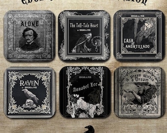 Edgar Allan Poe Coaster Set: The Raven, Tell-Tale Heart, Annabel Lee, Cask of Amontillado, Alone, Dream Within a Dream, Gothic Literary Gift
