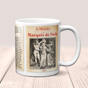 Justine, ou Les Malheurs de la Vertu by Marquis de Sade Mug. Coffee Mug with Justine book Title and Book Pages, Bookish Gift, Literature Mug