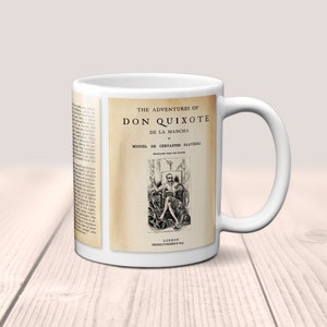 Don Quixote Mug. Coffee Mug with Don Quixote book Title and Book Pages, Bookish Gift,  Literature Mug, Book Lover Mug.