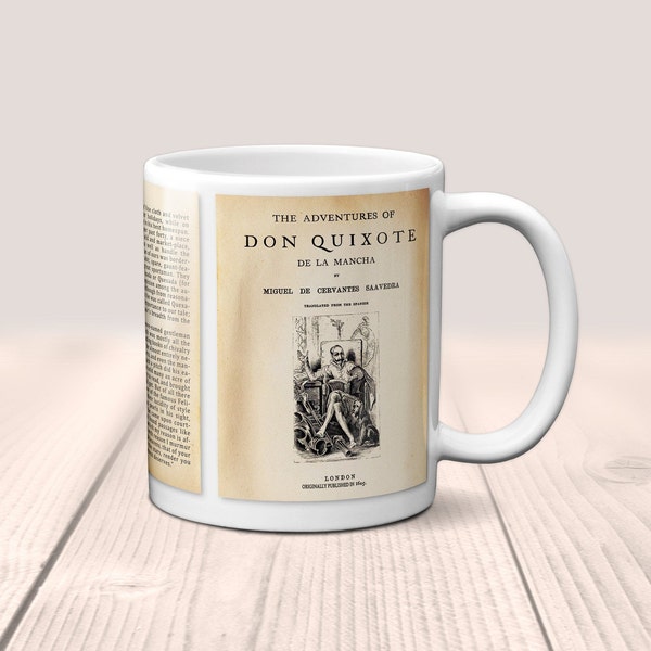 Don Quixote Mug. Coffee Mug with Don Quixote book Title and Book Pages, Bookish Gift,  Literature Mug, Book Lover Mug.