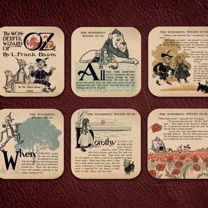 6 coasters with Wizard of Oz by Frank Baum design. Six Coffee Mug Coasters with The Wonderful Wizard of Oz design.