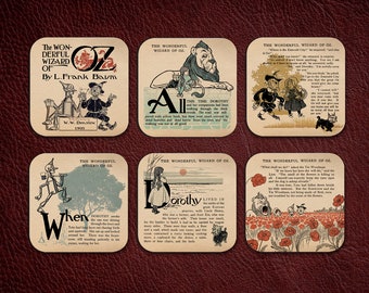 6 coasters with Wizard of Oz by Frank Baum design. Six Coffee Mug Coasters with The Wonderful Wizard of Oz design.
