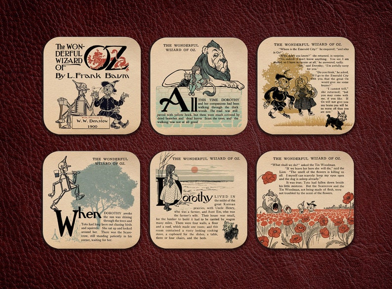 6 coasters with Wizard of Oz by Frank Baum design. Six Coffee.