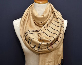 Book Scarf. Library scarf. Library card scarf with day due stamps. Print scarf. Beige scarf