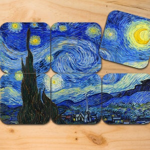 La Nuit étoilée de Vincent van Gogh Coasters. 6 sous-verres avec starry night puzzle-like design.