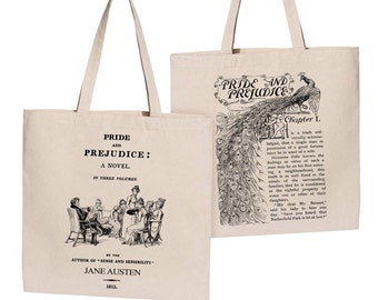Pride and Prejudice by Jane Austen tote bag. Handbag with Pride and Prejudice book design. Book Bag. Library bag. Jane Austen Gift