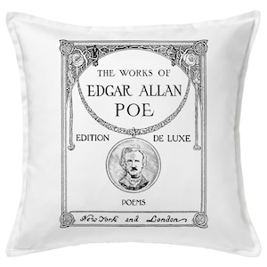 May include: Black and white illustration of a book cover for "The Works of Edgar Allan Poe, Edition De Luxe, Poems, New York and London". The cover features a portrait of Edgar Allan Poe.
