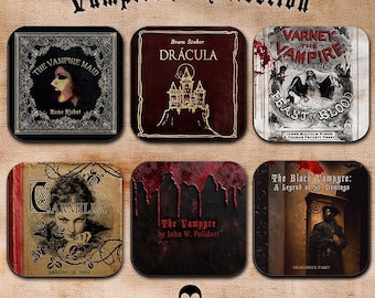 Vampire Literature Coaster Set. Dracula, Carmilla, Varney the Vampire, The Vampyre, Gothic Horror Bookish Home Decor, Halloween Gift