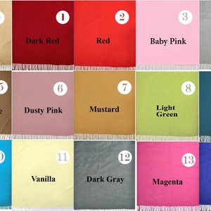 May include: Swatch card showing 14 different colors of fabric. The colors are beige, dark red, red, baby pink, gray, khaki taupe, dusty pink, mustard, light green, teal, turquoise, vanilla, dark gray, magenta, and cobalt.