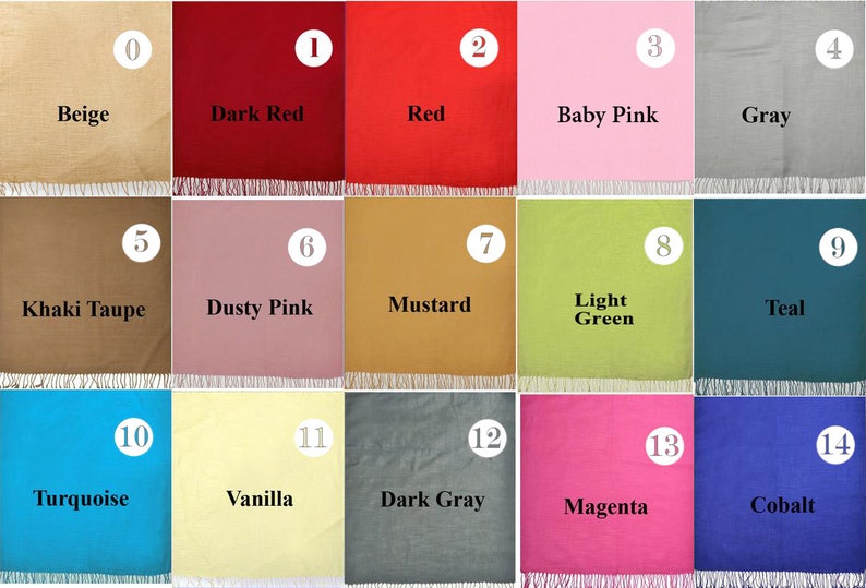 May include: Swatch card showing 14 different colors of fabric. The colors are beige, dark red, red, baby pink, gray, khaki taupe, dusty pink, mustard, light green, teal, turquoise, vanilla, dark gray, magenta, and cobalt.