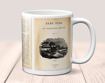 Jane Eyre by Charlotte Brontë Austen Mug. Coffee Mug with Jane Eyre book Title and Book Pages, Bookish Gift, Literary Mug.