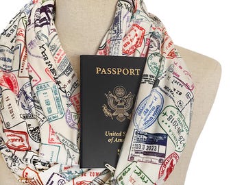 Travel Infinity Scarf with Hidden Zipper Pocket, Passport Stamp Scarf, World Travel, Travel Gift, Passport Holder Scarf, Gift for Traveler
