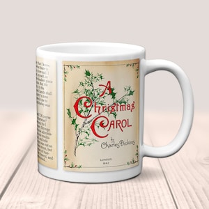 A Christmas Carol by Charles Dickens Mug. Coffee Mug with Christmas Carol book Title and Book Pages, Bookish Gift, Literary Mug.