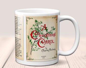 A Christmas Carol by Charles Dickens Mug. Coffee Mug with Christmas Carol book Title and Book Pages, Bookish Gift, Literary Mug.