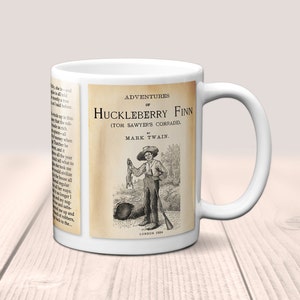 Adventures of Huckleberry Finn by Mark Twain Mug. Coffee Mug with Huckleberry Fin book Title and Book Pages,Bookish Gift,Literary Mug