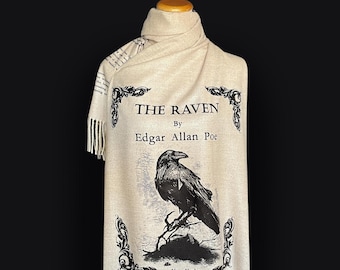 Bufanda El cuervo de Edgar Allan Poe: regalo literario, chal gótico, pañuelo con poemas clásicos para mujer, regalo para amantes de los libros, fans de Edgar Allan Poe, lana