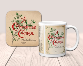 A Christmas Carol by Charles Dickens Mug and Coaster Set. Coffee Mug  and Coaster with Christmas Carol design, Christmas Gift.