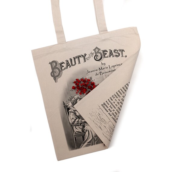 Beauty and The Beast Tote Bag. Handbag with Beauty and The Beast Book Design. Book Bag. Library Bag. Market Bag