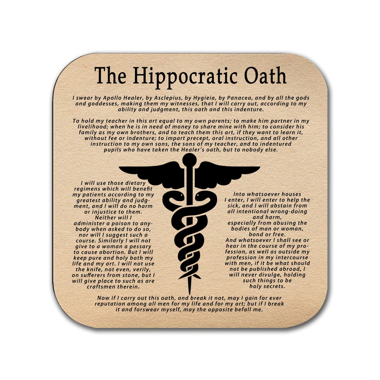 Hippocratic Oath Coaster english Version Gift for Doctor Etsy