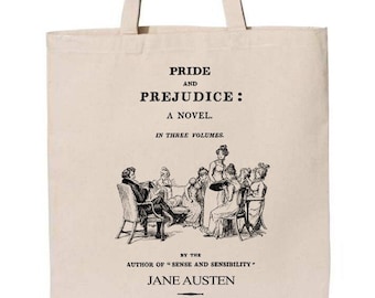 Pride and Prejudice by Jane Austen tote bag. Handbag with Pride and Prejudice book design. Book Bag. Library bag. Jane Austen Gift