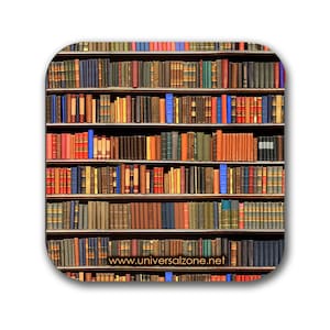 Bookshelf Coaster. Mug Coaster with bookshelf design, Bookish Gift, Literary Gift.
