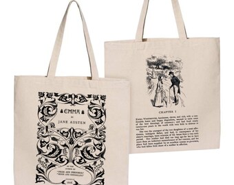 May include: Two beige canvas tote bags with black handles. The bag on the left features a black and white illustration of a book cover for "Emma" by Jane Austen. The bag on the right features a black and white illustration of two people walking in a park.