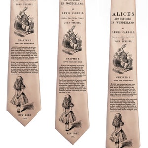 May include: A pink tie with a black and white illustration of Alice in Wonderland. The tie features the text "Alice's Adventures in Wonderland" and "Chapter I: Down the Rabbit-Hole".
