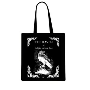 May include: Black tote bag with a white design featuring a raven and the text "THE RAVEN by Edgar Allan Poe".