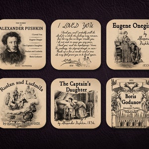 6 coasters with Alexander Pushkin&#39;s works. Six Coffee Mug Coasters with famous works by Alexander Pushkin designs.