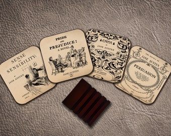 4 coasters with Most Popular Novels by Jane Austen. Pride and Prejudice, Emma, Sense and Sensibility and Persuasion.4 Coasters with stand.