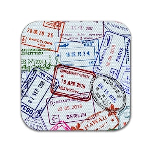 Traveler Coaster. Coffee Mug Coaster with passport stamps design, Flight attendant gift, Travel Agent gift, Travel Lover Gift, Pilot Gift