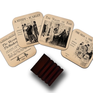 4 coasters with Sherlock Holmes Novels by Arthur Conan Doyle. Sign of the Four, Valley of Fear, A Study in Scarlet, Hound of Baskervilles