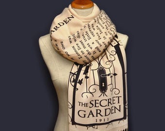 The Secret Garden Book Scarf, Literary Shawl Wrap with Text from Frances Hodgson Burnett's Classic Novel, Gift for Book Lovers, Bookish Gift