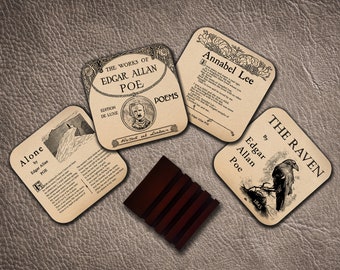 4 coasters with famous poems by Edgar Allan Poe. Set of Coffee Mug Coasters with Edgar Poe poems-The Raven, Alone and Annabel Lee