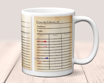 Library Card Mug. Coffee Mug with Library Card with Day Due Stamps, Bookish Gift, Literary Mug, Librarian Gift, Bibliophile Gift, Bookworm