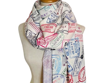 Travel Scarf with Passport Stamps (Full print), World Travel Wrap, Flight Attendant Gift, Travel Agent Scarf, Plane Scarf, Traveler Scarf