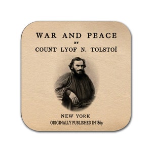 Guerra y paz de León Tolstói Coaster (versión en inglés). Taza de café Montaña rusa con diseño de libro de Guerra y Paz, Regalo Libresco, Regalo Literario